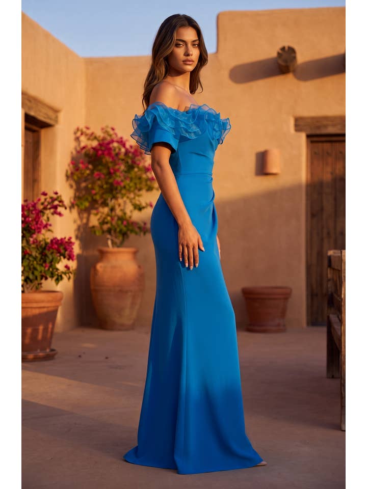 Kos Couture Robe Longue Épaules Dénudées à Volants Femme