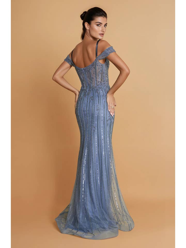 Robe de Soirée Formelle Longue à Épaules Dénudées et Perles Vente en Gros