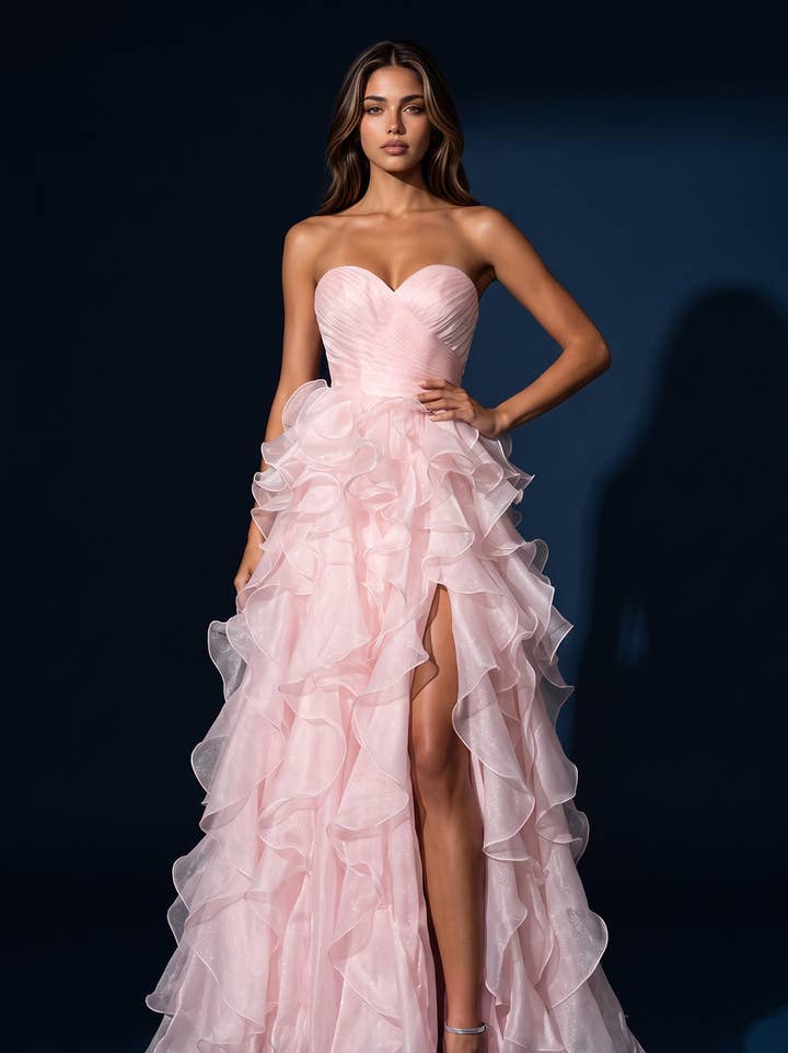 Robe de Bal Bustier Cœur à Volants en Organza
