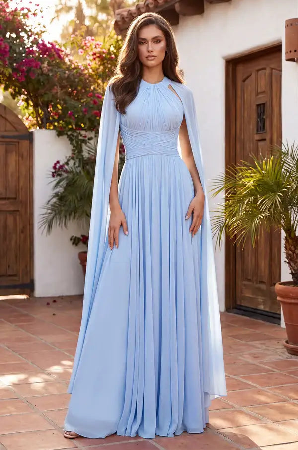 Kos Couture Robe Longue de Soirée Trapèze Manches Cape Femme