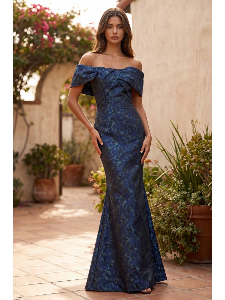 Kos Couture Robe Longue Sirène Épaules Dénudées Jacquard Floral Femme