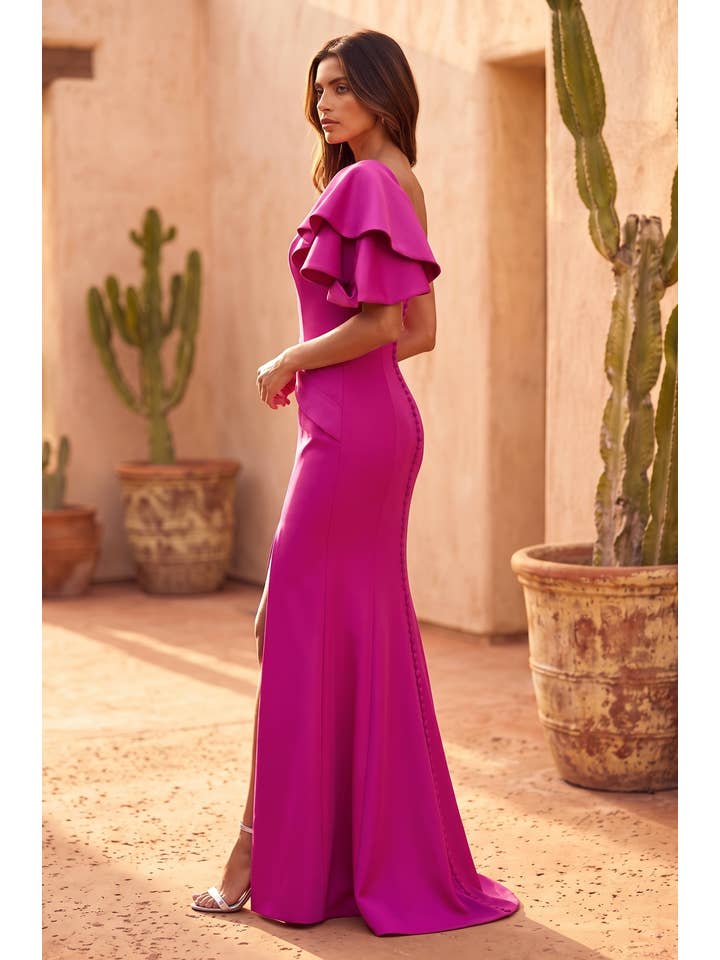 Robe Longue Asymétrique à Manches Volantées et Fente Haute
