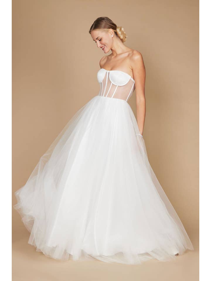 Robe de Bal en Tulle Longue Sans Bretelles Trapèze avec Corset