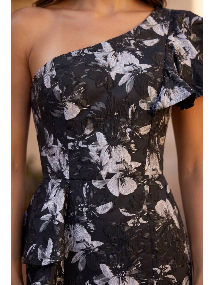 Kos Couture Robe de Soirée Longue Asymétrique à Volants Imprimé Floral Femme