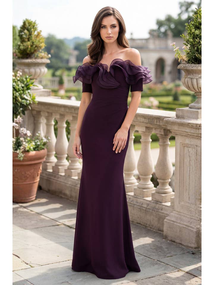 Kos Couture Robe Longue Épaules Dénudées à Volants Femme