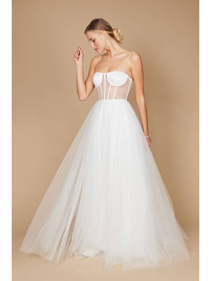Robe de Bal en Tulle Longue Sans Bretelles Trapèze avec Corset