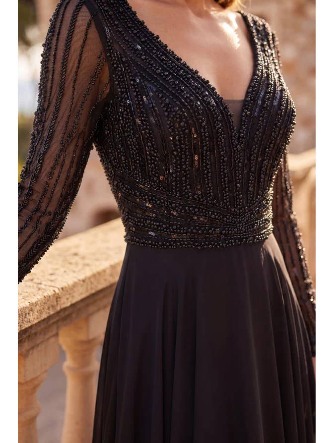 Kos Couture Robe Longue de Soirée Trapèze Manches Longues Femme