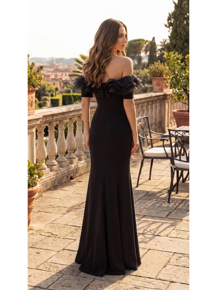Kos Couture Robe Longue Épaules Dénudées à Volants Femme