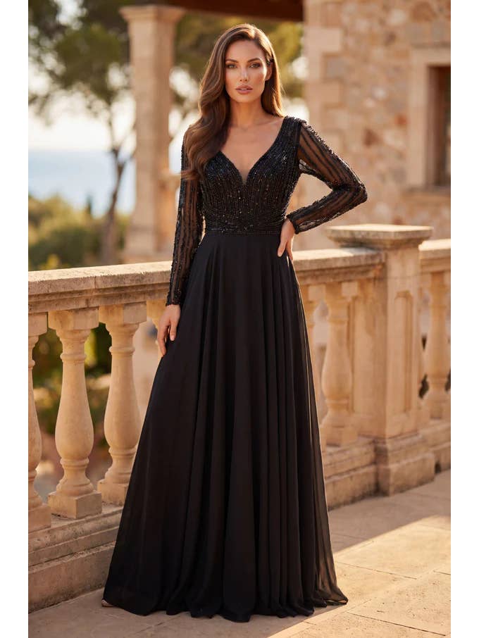 Kos Couture Robe Longue de Soirée Trapèze Manches Longues Femme