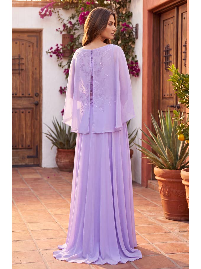 Kos Couture Robe Longue de Soirée Trapèze Manches Cape Femme