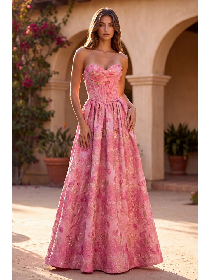 Robe Trapèze Corset en Jacquard Floral avec Métallisé