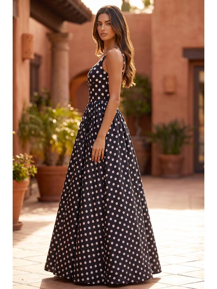 Robe de Soirée Formelle Col Carré à Pois avec Jupe Ample