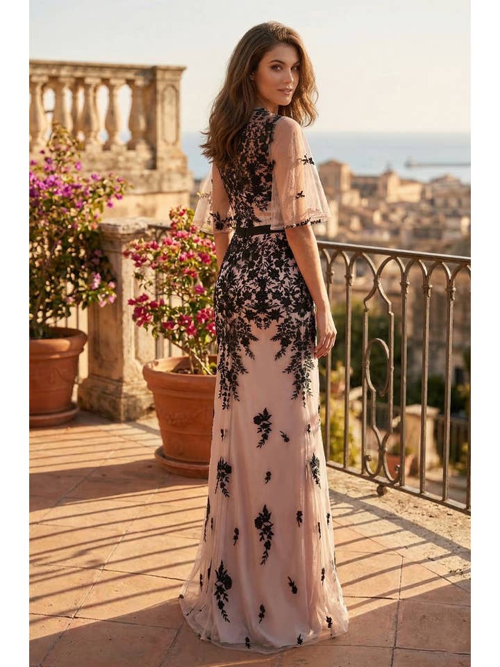 Kos Couture Robe Longue de Soirée Trapèze en Dentelle Femme