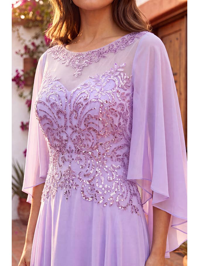 Kos Couture Robe Longue de Soirée Trapèze Manches Cape Femme