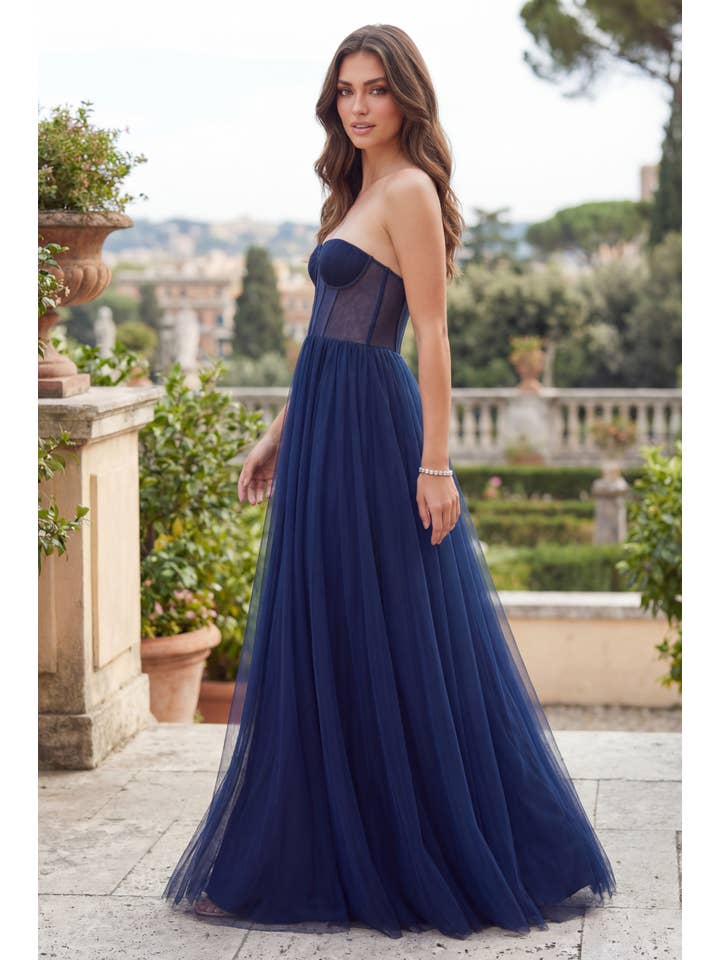 Robe de Bal en Tulle Longue Sans Bretelles Trapèze avec Corset