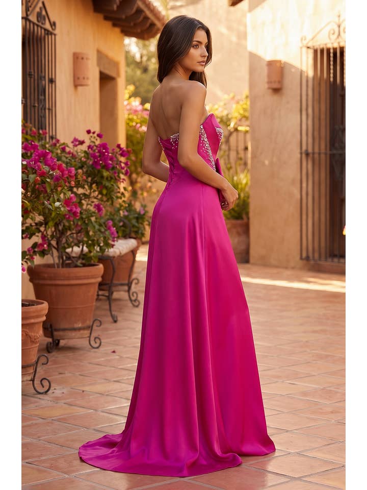 Robe de Soirée Formelle Bustier en Satin avec Nœud et Perles de Bal