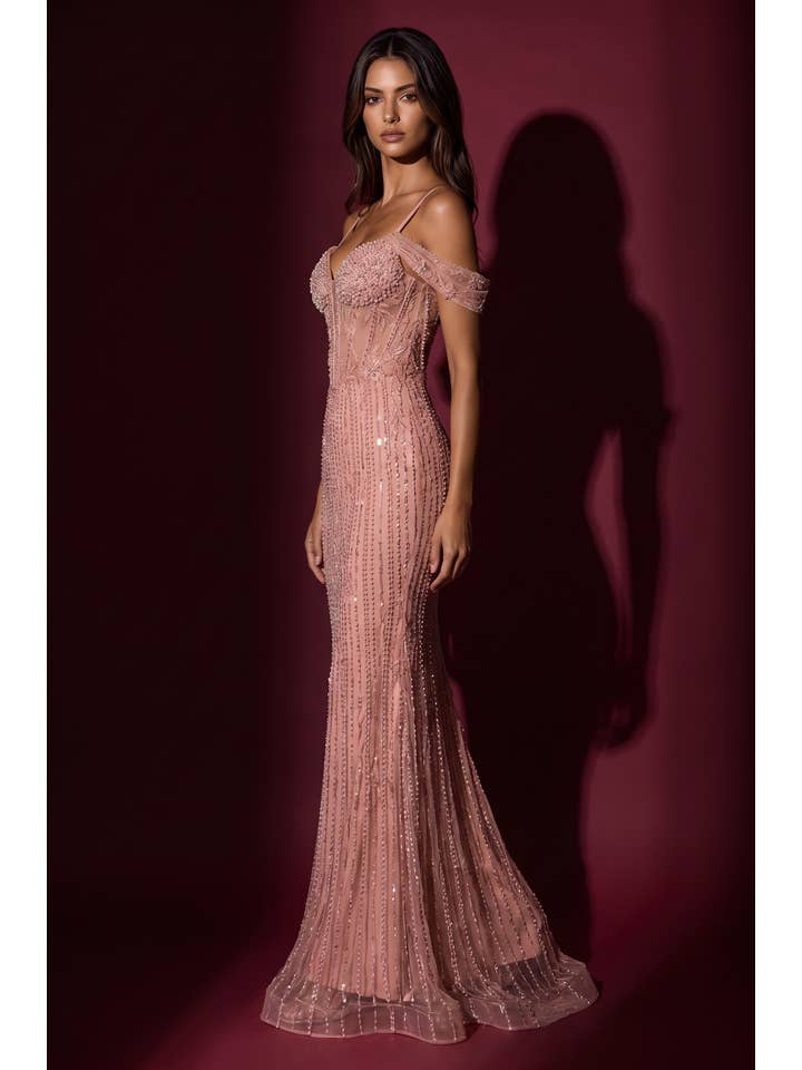 Robe de Soirée Formelle Longue à Épaules Dénudées et Perles Vente en Gros