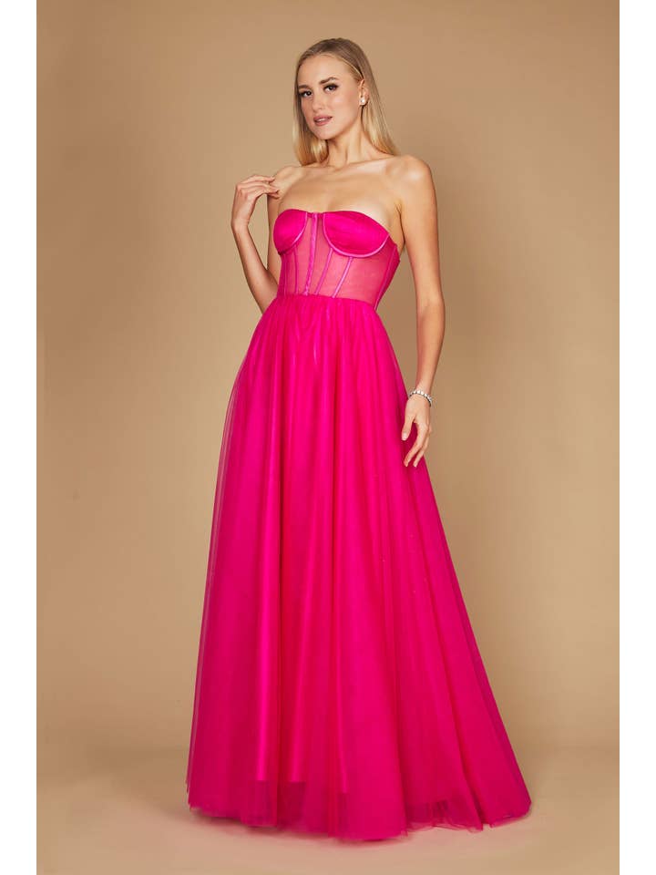 Robe de Bal en Tulle Longue Sans Bretelles Trapèze avec Corset