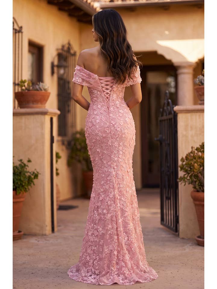 Robe de Soirée Longue Formelle Épaules Dénudées Florale Couture