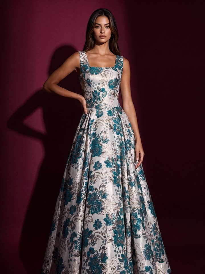 Robe de Soirée Robe de Bal en Jacquard Floral à Encolure Carrée