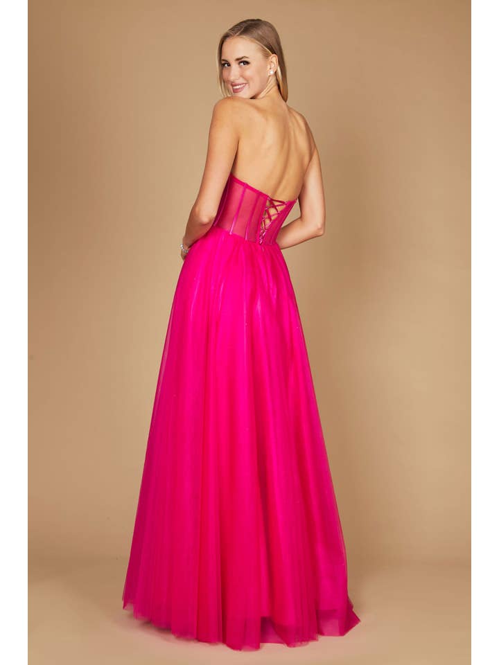 Robe de Bal en Tulle Longue Sans Bretelles Trapèze avec Corset