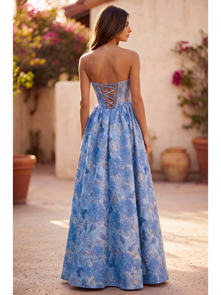 Robe Trapèze Corset en Jacquard Floral avec Métallisé