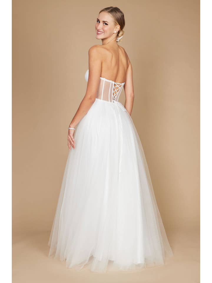 Robe de Bal en Tulle Longue Sans Bretelles Trapèze avec Corset