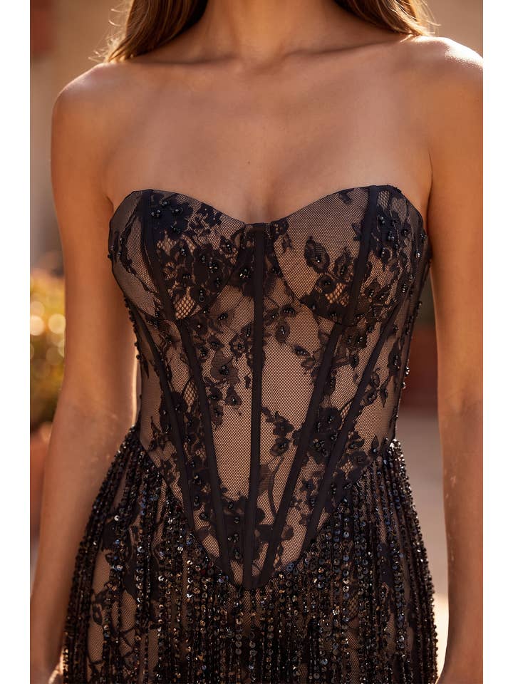 Robe Courte Bustier en Dentelle à Franges