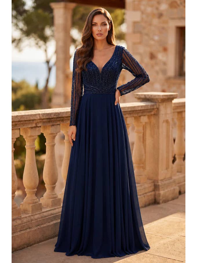 Kos Couture Robe Longue de Soirée Trapèze Manches Longues Femme