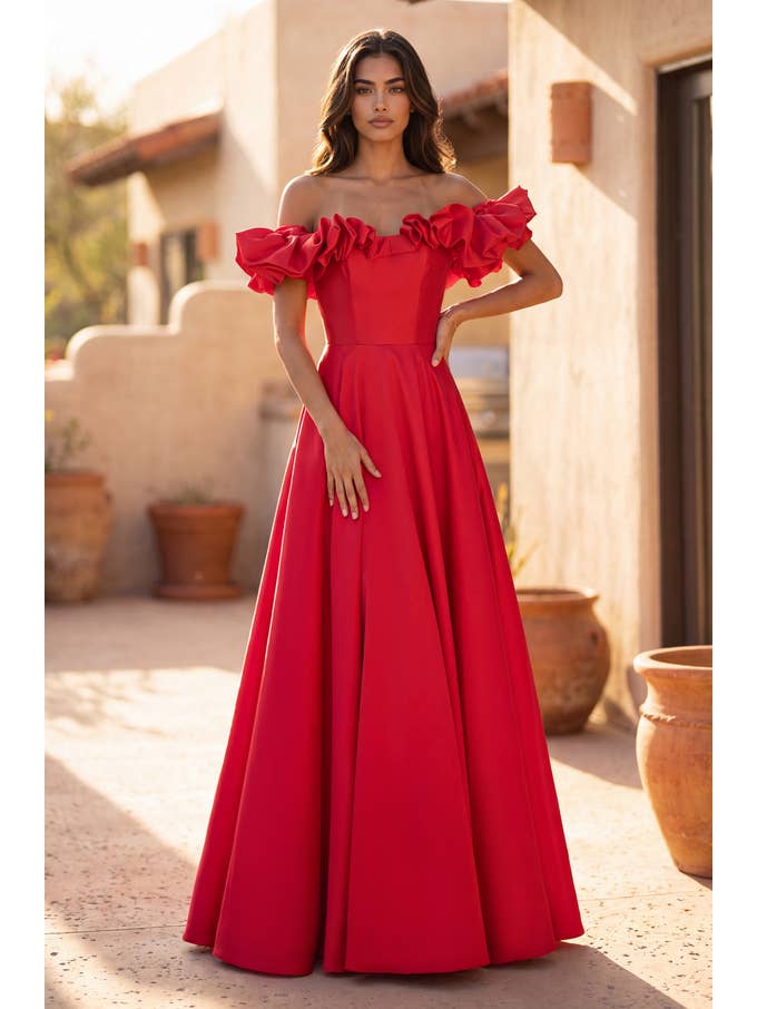 Robe de Bal Longue en Satin à Volants et Épaules Dénudées