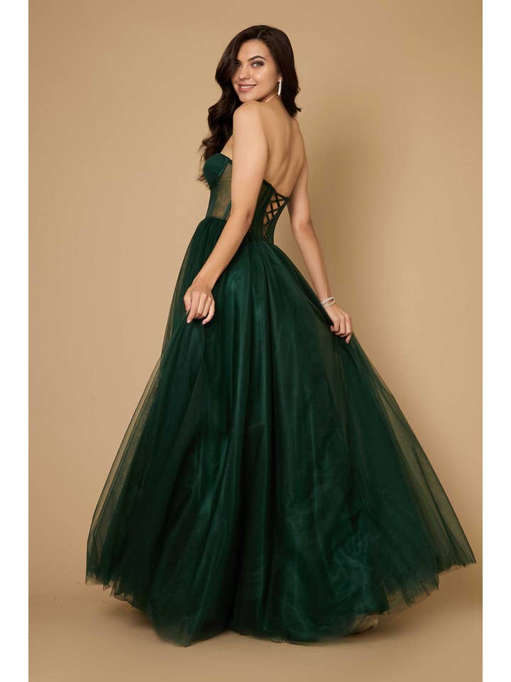 Robe de Bal en Tulle Longue Sans Bretelles Trapèze avec Corset