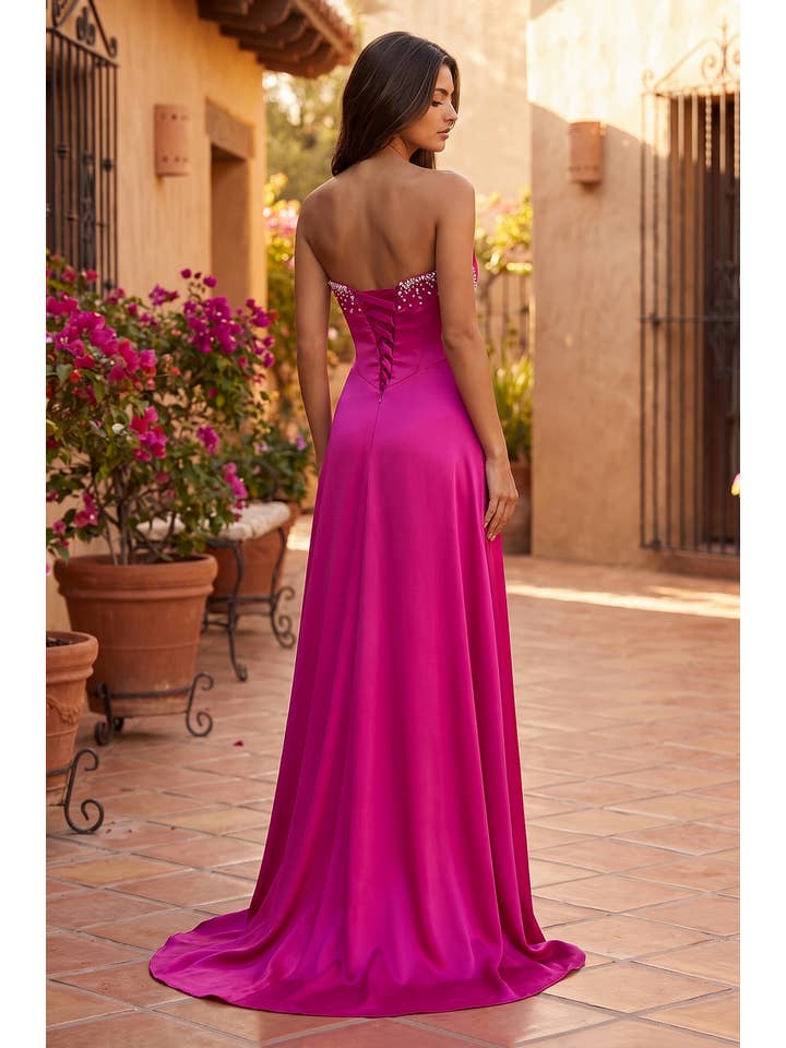 Robe de Soirée Formelle Bustier en Satin avec Nœud et Perles de Bal