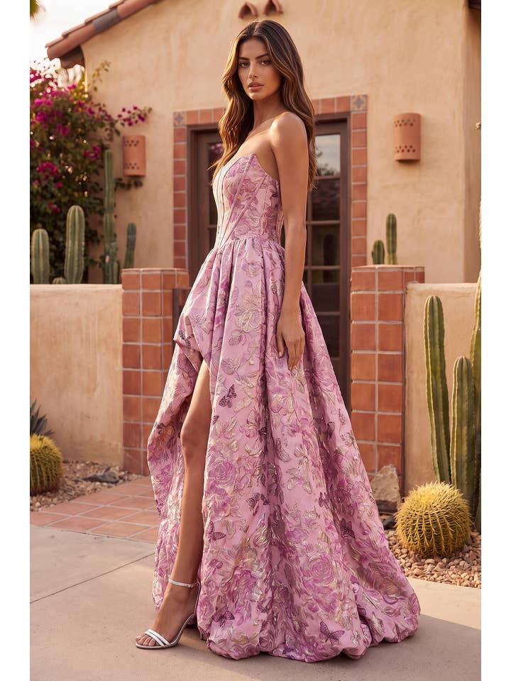 Robe de Bal Asymétrique en Jacquard Floral avec Corset