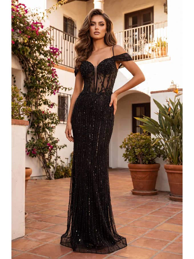 Robe de Soirée Formelle Longue à Épaules Dénudées et Perles Vente en Gros