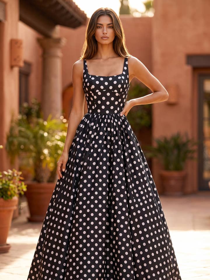 Robe de Soirée Formelle Col Carré à Pois avec Jupe Ample