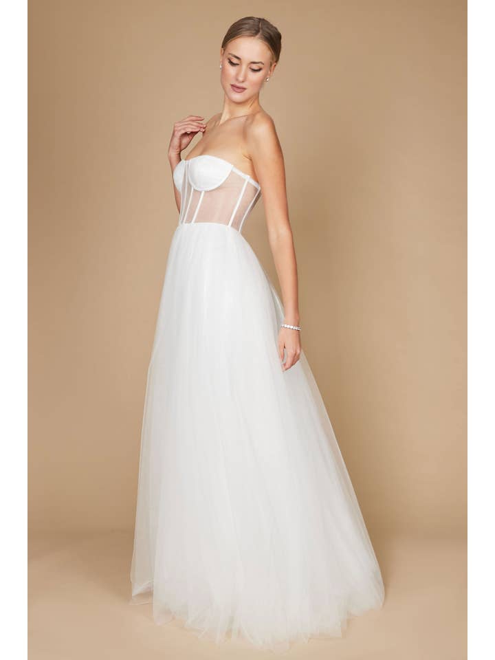 Robe de Bal en Tulle Longue Sans Bretelles Trapèze avec Corset