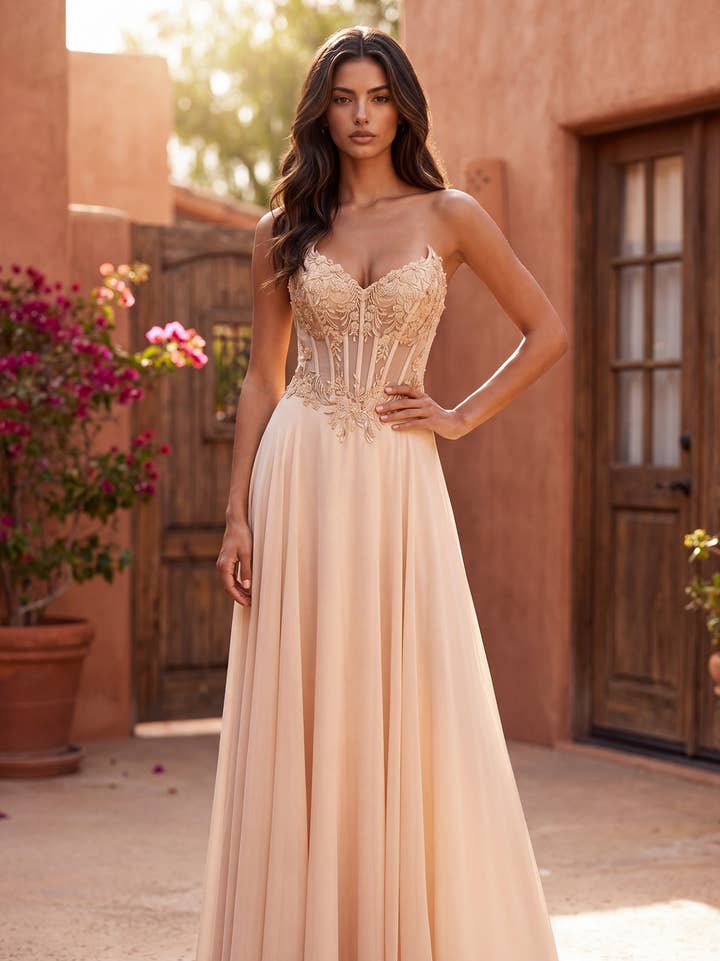 Robe de Soirée Trapèze Corset Perlé Bustier Coeur en Gros