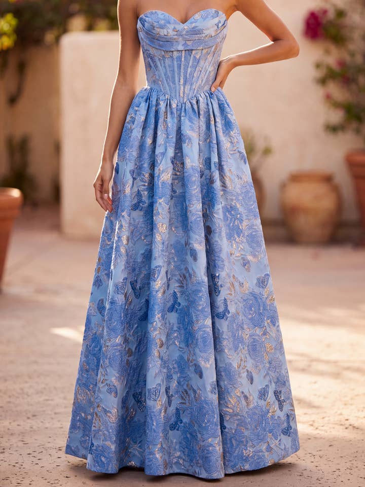 Robe Trapèze Corset en Jacquard Floral avec Métallisé