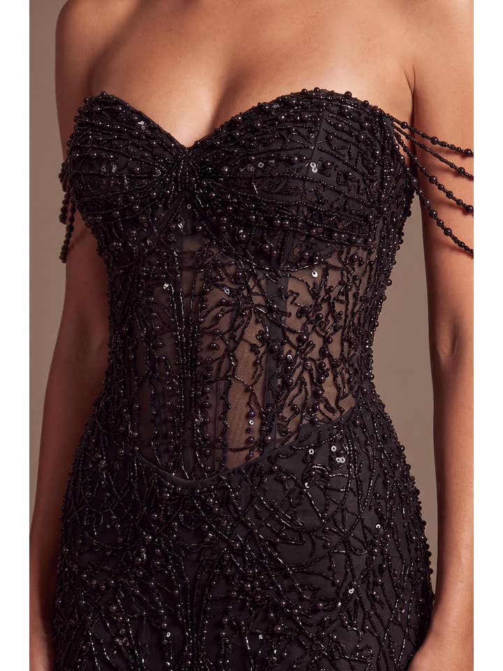 Robe de Soirée Sirène Corset Transparent Épaules Dénudées Perles