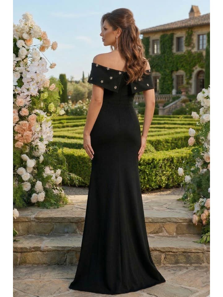Robe Fourreau Habillée Longue en Crêpe à Épaules Dénudées et Bordure Bijou