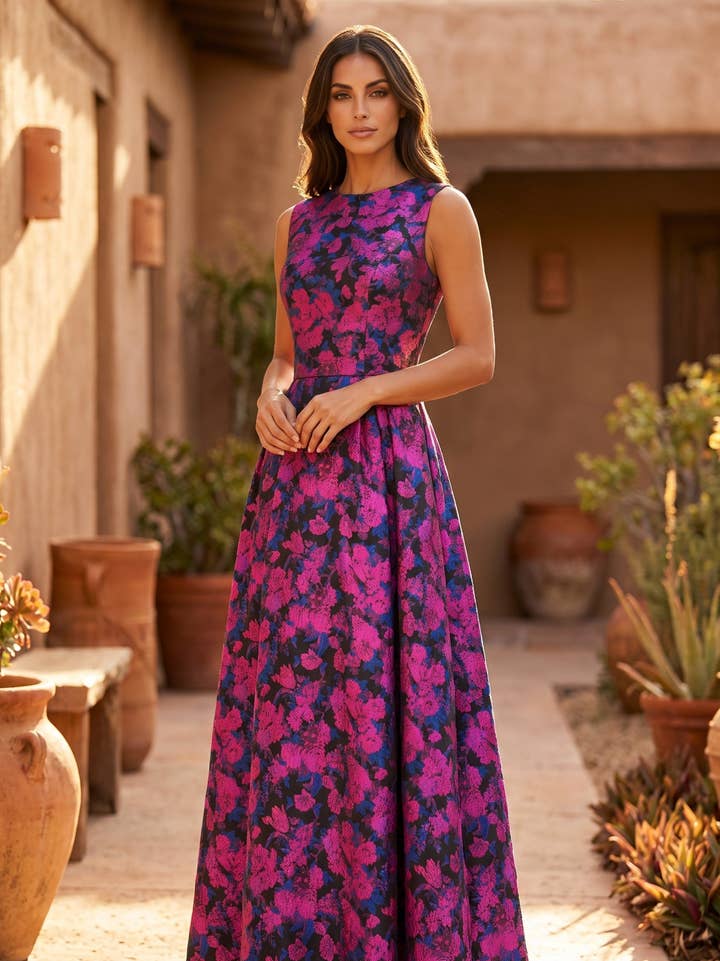 Kos Couture Robe Longue de Soirée Trapèze Imprimé Floral Femme
