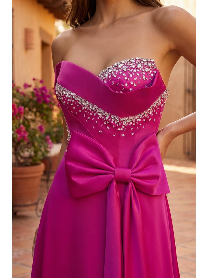 Robe de Soirée Formelle Bustier en Satin avec Nœud et Perles de Bal