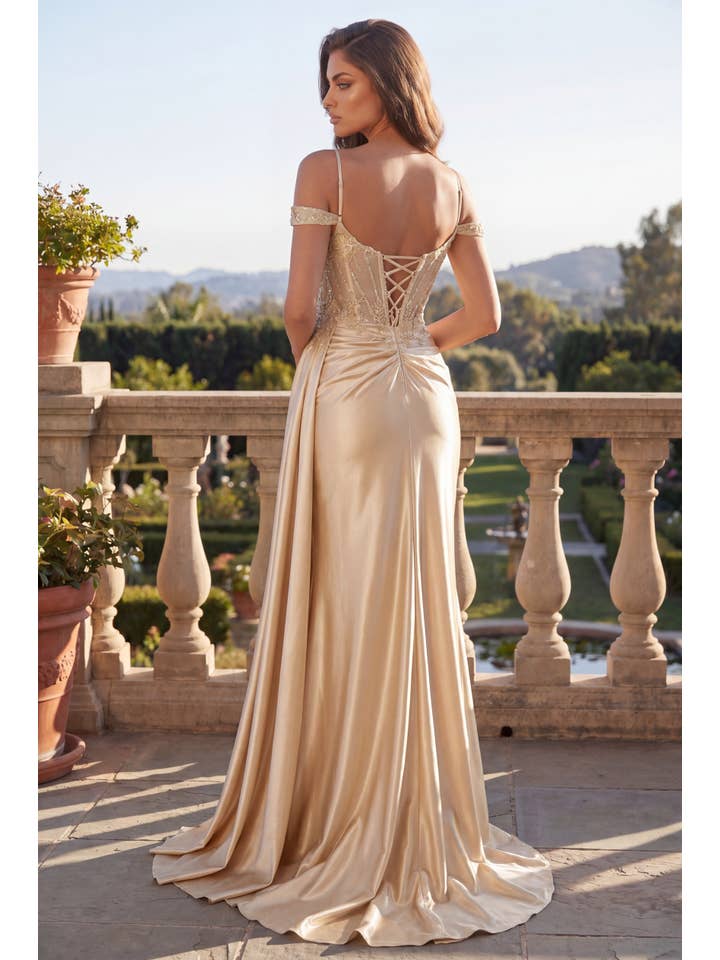 Robe Longue de Bal Corset Avec Fente Drapée Perlée en Gros