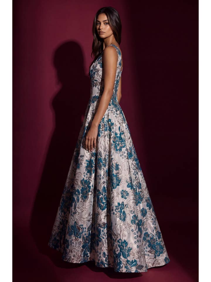 Robe de Soirée Robe de Bal en Jacquard Floral à Encolure Carrée