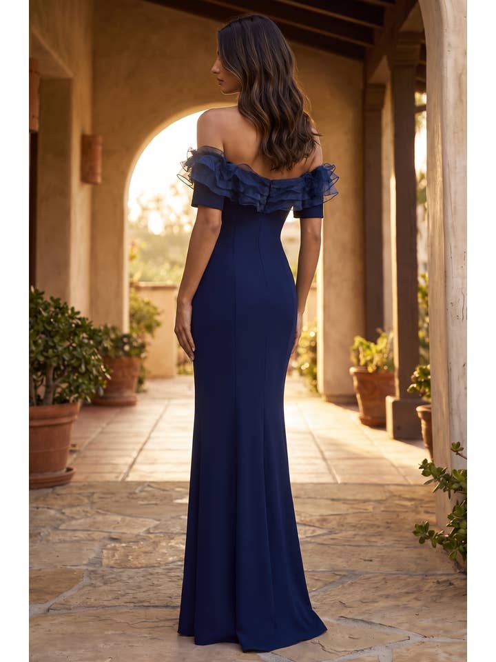 Kos Couture Robe Longue Épaules Dénudées à Volants Femme