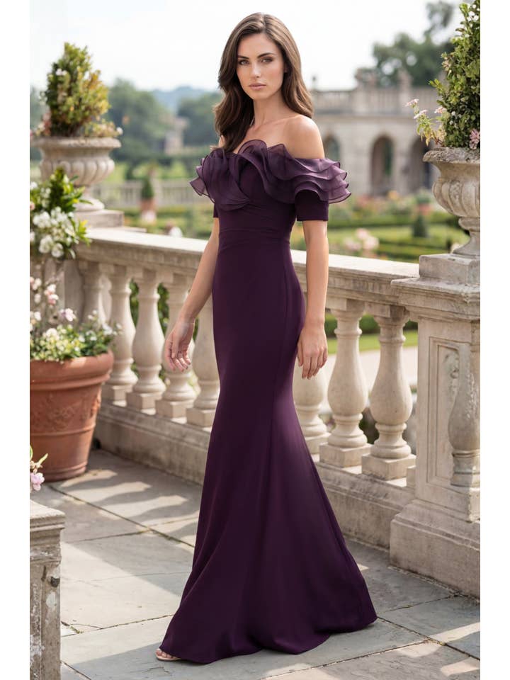 Kos Couture Robe Longue Épaules Dénudées à Volants Femme