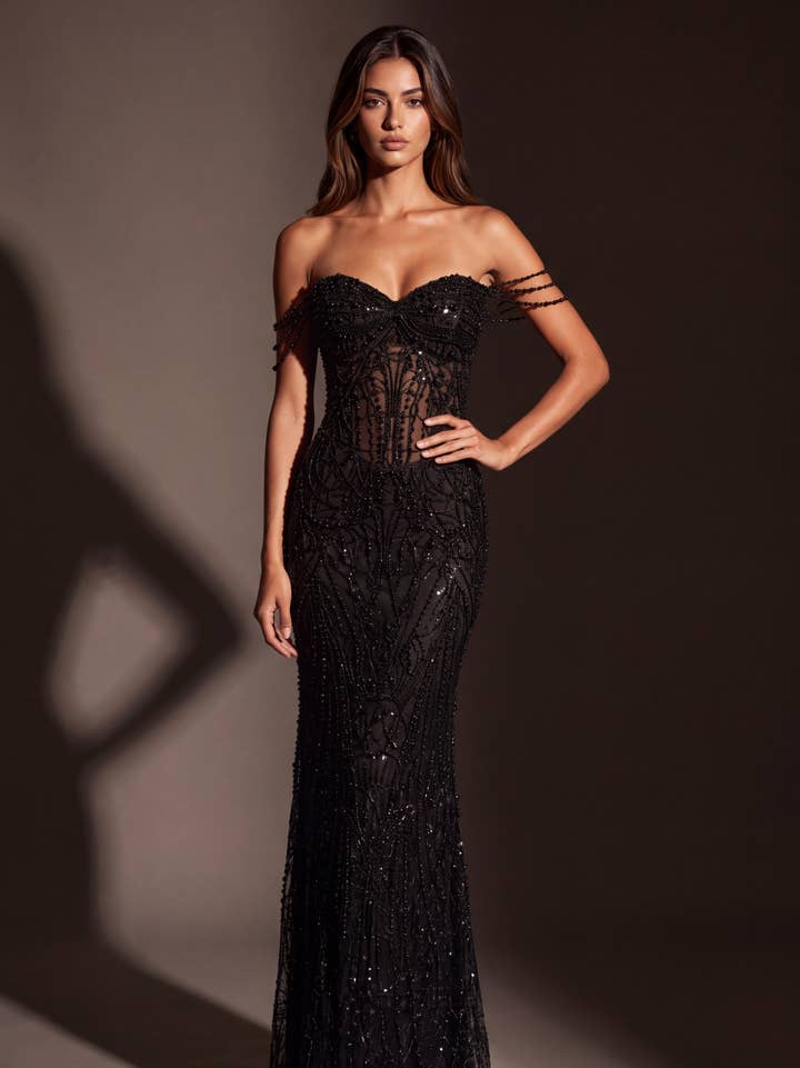 Robe de Soirée Sirène Corset Transparent Épaules Dénudées Perles