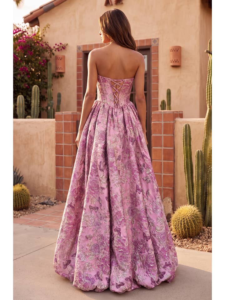 Robe de Bal Asymétrique en Jacquard Floral avec Corset