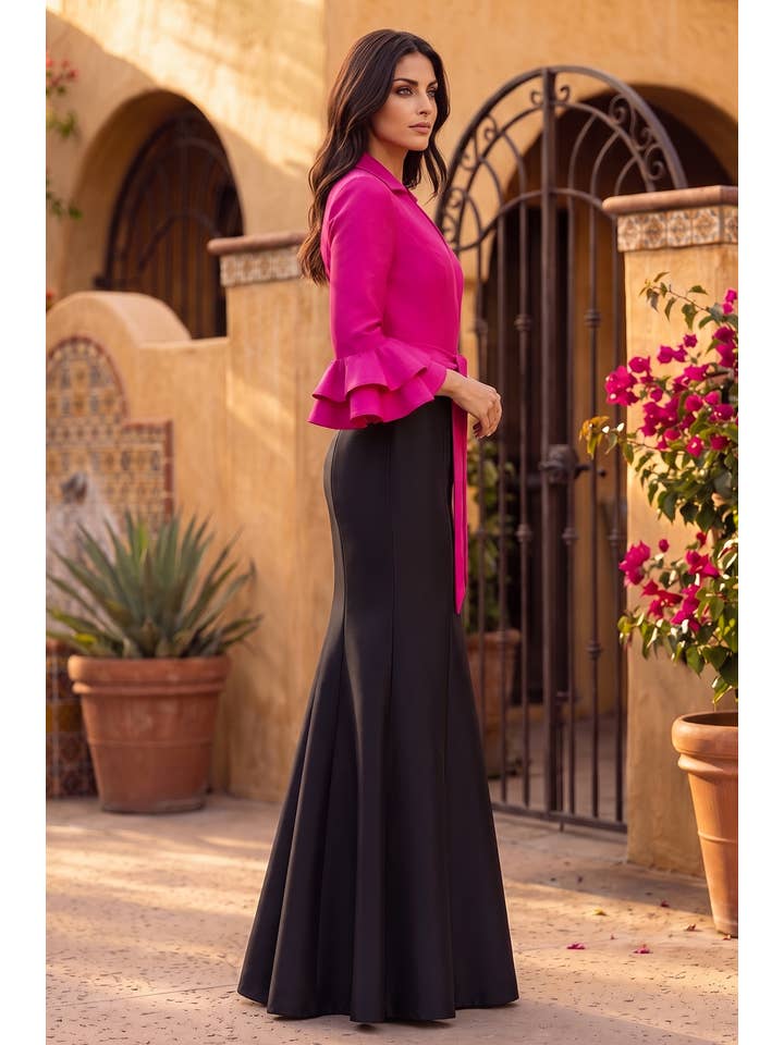 Robe de Soirée Formelle Col en V Manches Longues à Volants
