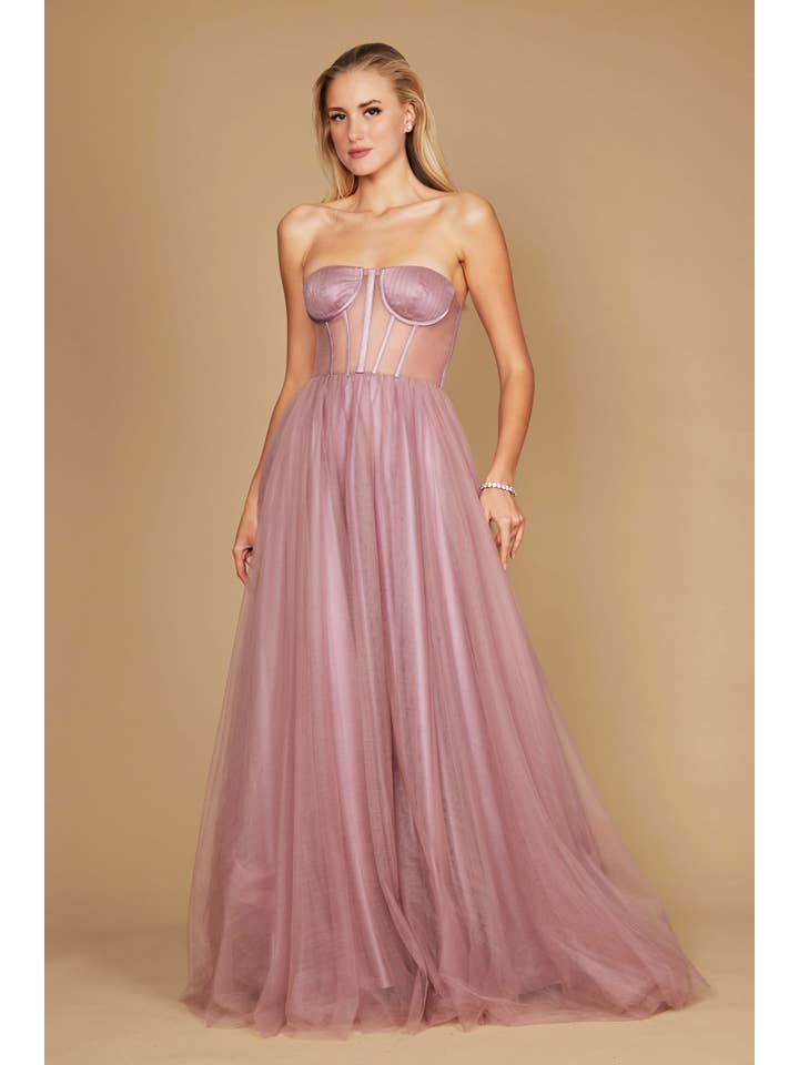 Robe de Bal en Tulle Longue Sans Bretelles Trapèze avec Corset